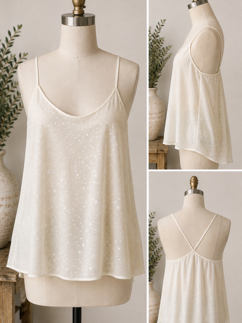 Jella C. Star Print Lined Cami Top Ivory Cream Sheer Flowy Boho Medium